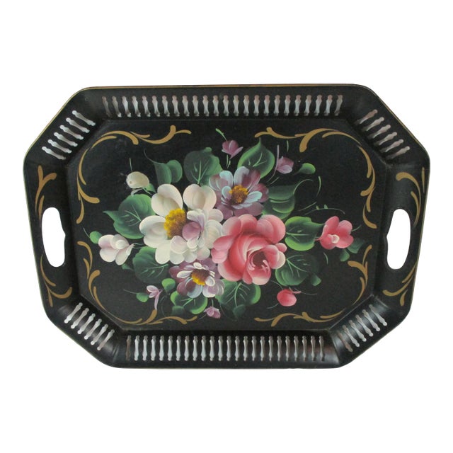 Vintage Hand Painted Floral Reticulated Tole Tray For Sale