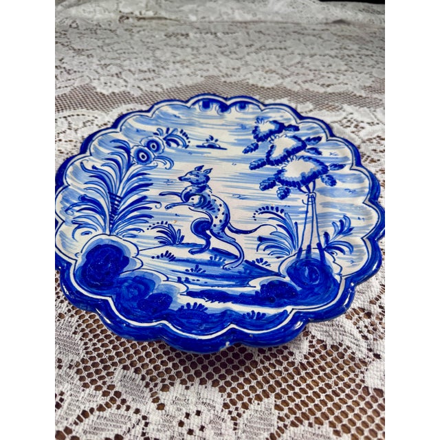 Spanish Vintage Spanish Talavera Style Blue & White Wall Plate, Signed “Saso,” Mid-20th Century For Sale - Image 3 of 7