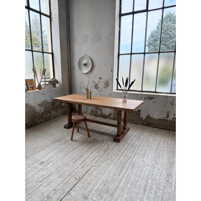 Old farm table or monastery table in solid elm and thick oak veneer on the top, with its very thick top and its typical...