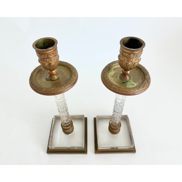 19th C French Restoration Gilt Bronze & Cut Crystal Candlesticks - A Pair For Sale - Image 10 of 13