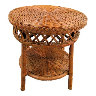 Vintage Wicker Over Rattan Round End/Side Table Circa 1960s For Sale