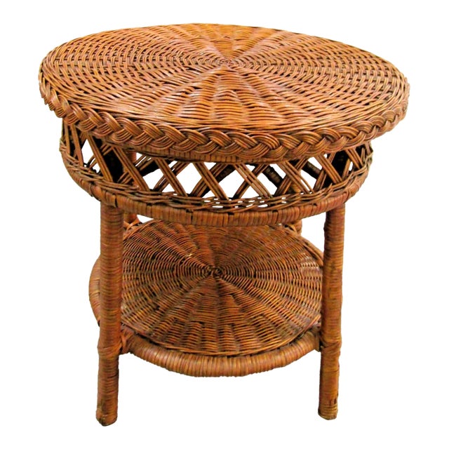 Vintage Wicker Over Rattan Round End/Side Table Circa 1960s For Sale