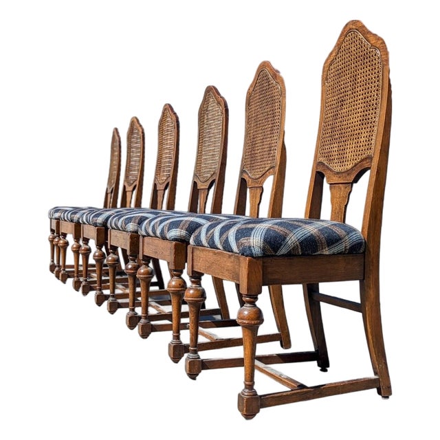 1980s Jacobean Revival Solid Oak Cane-Back Dining Chairs — Set of 6 For Sale