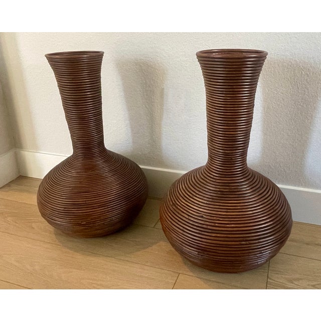Shabby Chic Vintage 1970's Gabriella Crespi Style Pencil Reed Rattan Floor Vases Urns- A Pair For Sale - Image 3 of 14