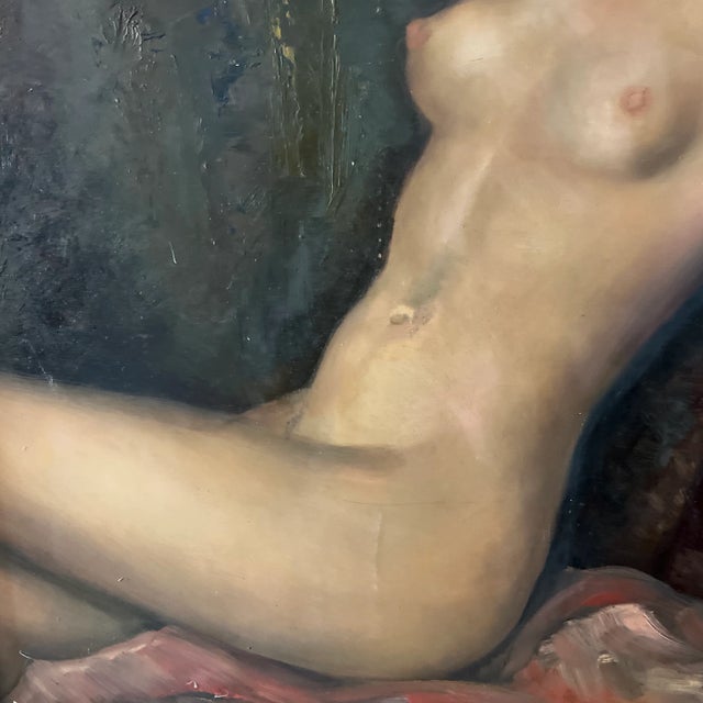 1900 German School Oil Painting on Board of a Reclining Female Nude, Framed and Signed For Sale - Image 4 of 10