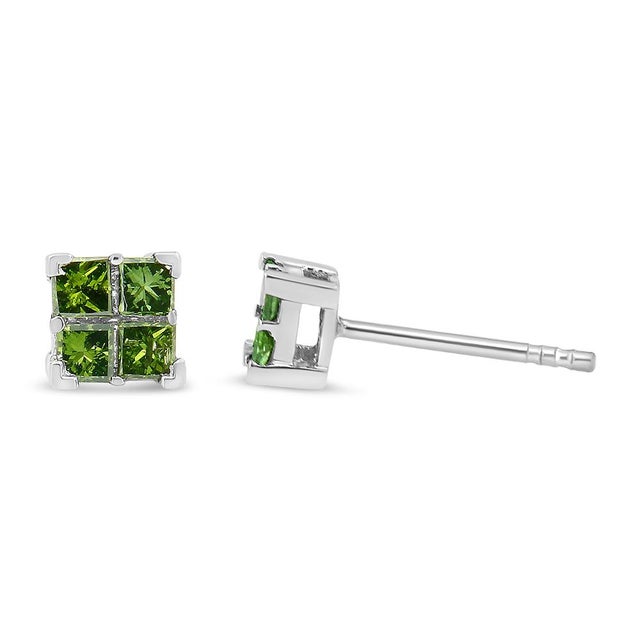 Contemporary .925 Sterling Silver 3/8 Cttw Treated Green Princess-cut Diamond 4 Stone Composite Quad Stud Earring (Green Color, I1-I2 Clarity) For Sale - Image 3 of 5