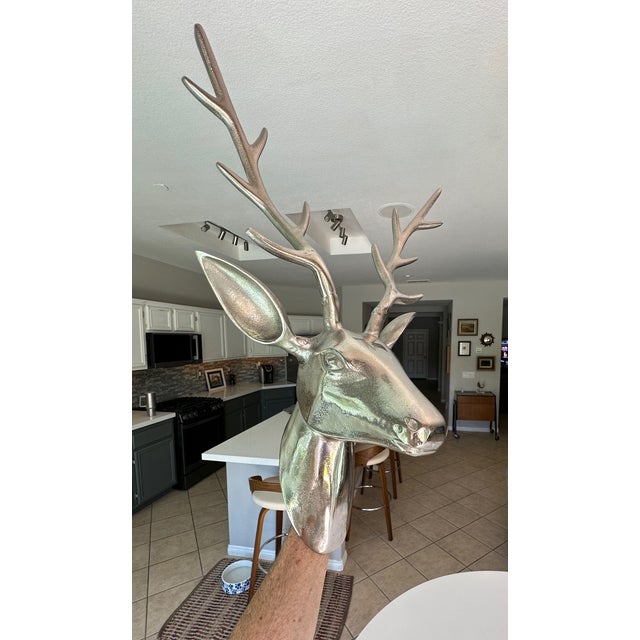 Large Modernist Cast Polished Metal Deer Antler Head Wall Sculpture For Sale - Image 4 of 15