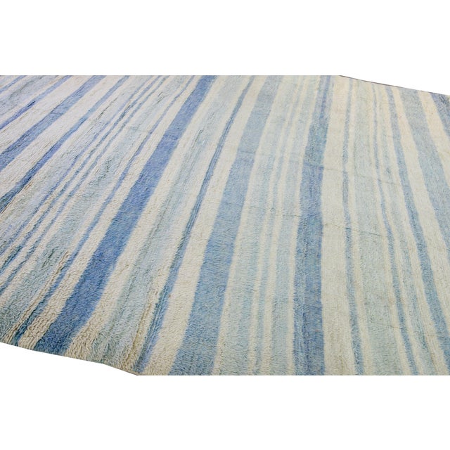Blue Modern Moroccan Style Handmade Stripe Pattern Ivory and Blue Wool Rug For Sale - Image 8 of 10