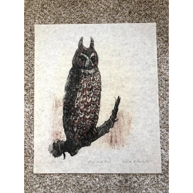 1975 Martha Cawley woodblock print on rice paper, Long-Eared Owl. It is from a woodblock series entitled, “The North...