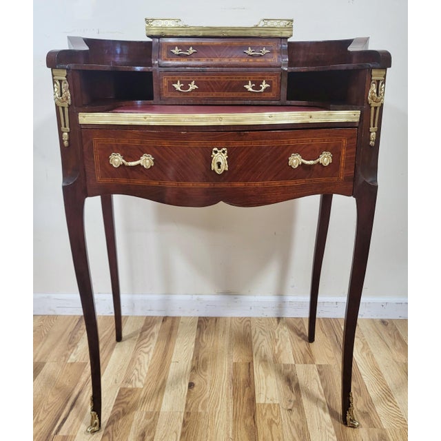 French Antique French Louis XV Bronze Leather Slide & Marble Lady's Writing Desk For Sale - Image 3 of 18