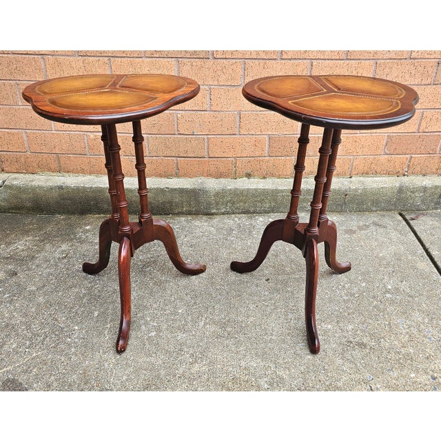 Mid 20th Century Mahogany Pedestal and Tooled Leather Clover Top Candle Stand / Side table. Faux Bamboo Mahogany Tripod...