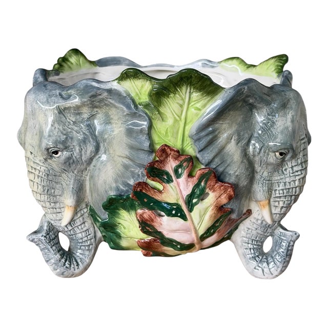 Vintage Fitz and Floyd Sculptural Elephant Cachepot Planter With Tropical Leaves For Sale