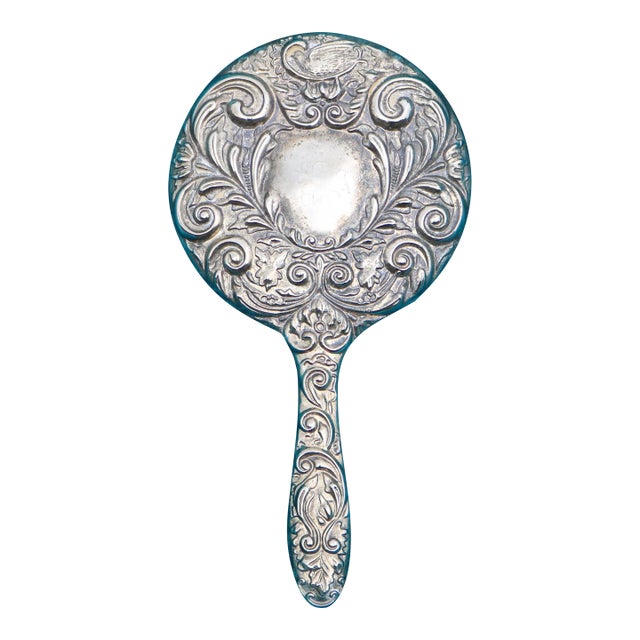 Antique Silver Plated Repousse Hand Mirror With Bird For Sale