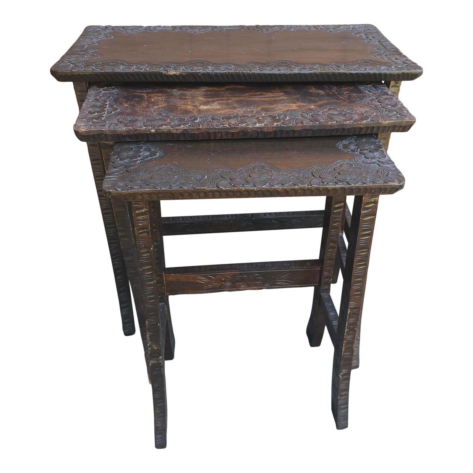 Set of 3 Jacobean Style Hancrafted Carved Walnut Nesting Tables | Chairish
