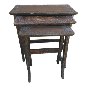 Set of 3 Jacobean Style Hancrafted Carved Walnut Nesting Tables