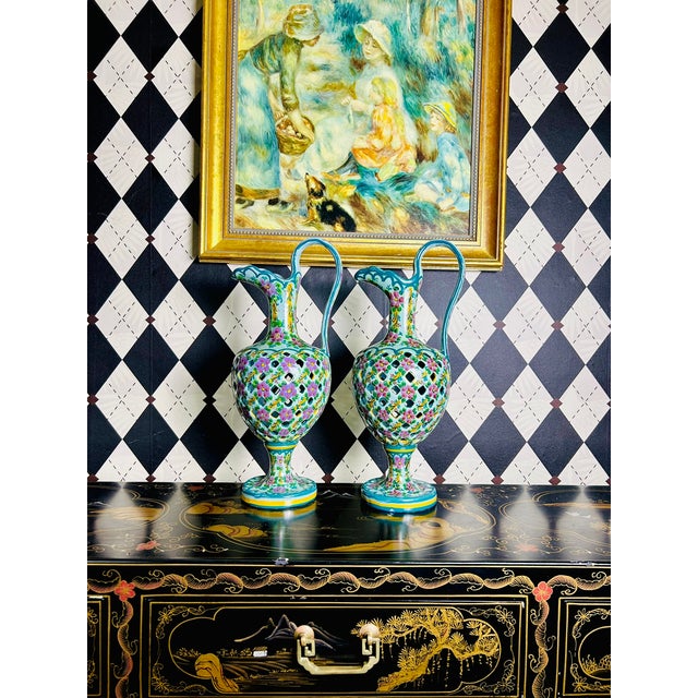 Pair Signed J. Leonardo Portuguese Hand-Painted Reticulated Ceramic Ewers, 15" For Sale - Image 12 of 17
