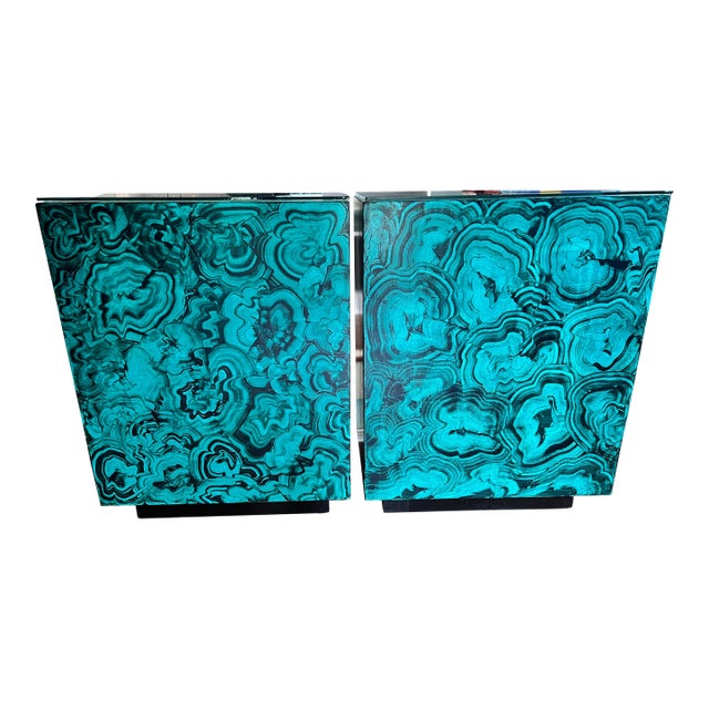 Hollywood Regency Faux Malachite Cube Tables - A Pair For Sale