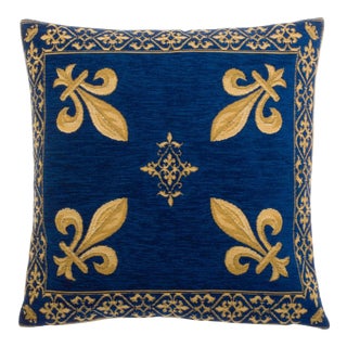 French Fleur De Lis Woven Jacquard Velvety Chenille Feather/Down Pillow 18" Square For Sale