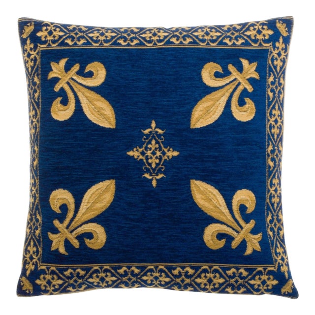 French Fleur De Lis Woven Jacquard Velvety Chenille Feather/Down Pillow 18" Square For Sale