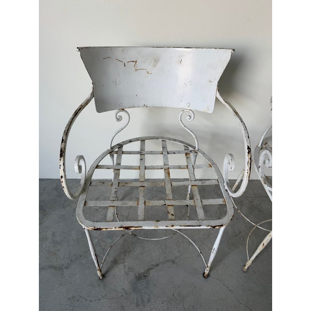 Pair of Vintage Arhaus White Metal Garden Dining Armchairs With Scroll Arms For Sale - Image 11 of 12