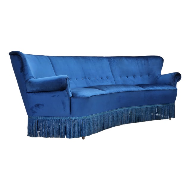 Danish 3-Seater Curved Sofa in Blue Furniture Velour & Beech Wood Legs, 1960s For Sale