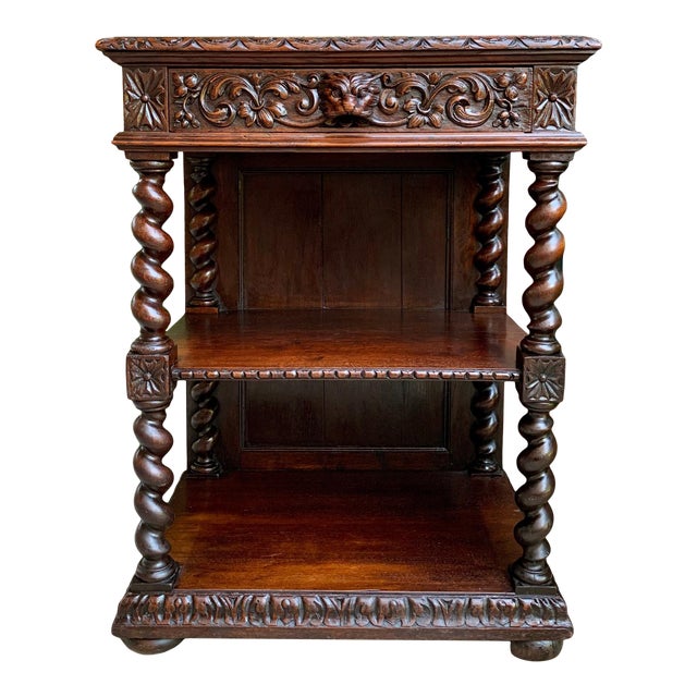 Antique French Petite Bookcase Server Barley Twist Display Louis XIII Carved Oak C1890 For Sale