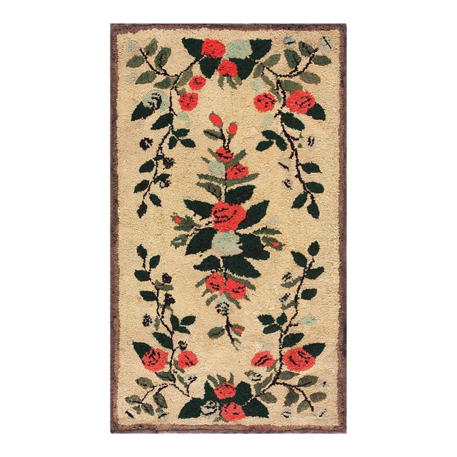 1940s Beige Floral Folk Art Antique American Hooked Rug 2'5" X 4'8" Hand Knotted Wool Carpet For Sale