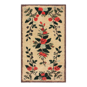 1940s Beige Floral Folk Art Antique American Hooked Rug 2'5" X 4'8" Hand Knotted Wool Carpet