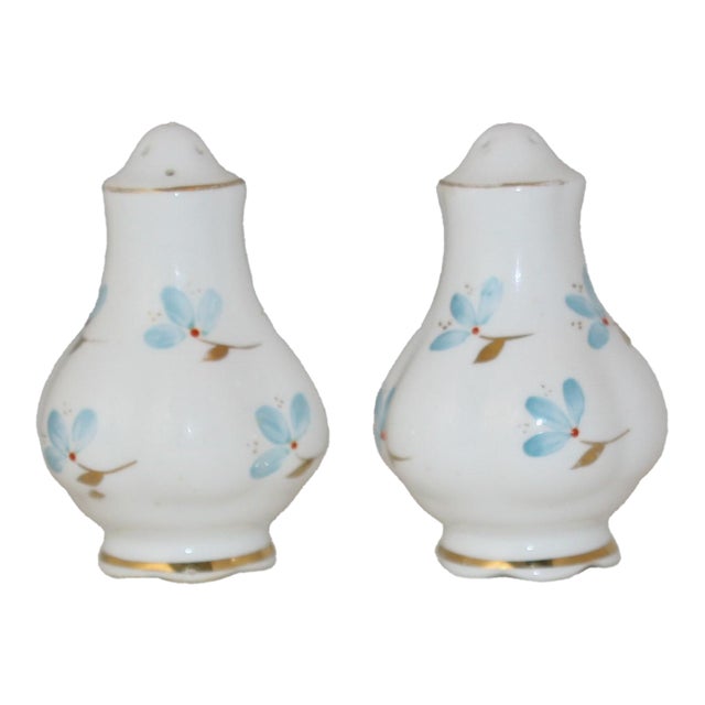 Mid Century Royal Albert Bone China Blue Floral Gold Accents Salt & Pepper Shakers- a Pair For Sale