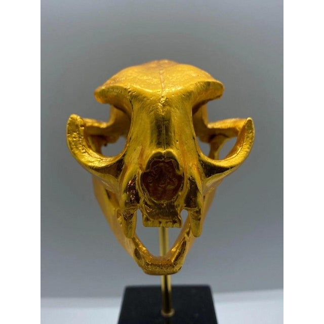 Golden Cat Skull Desk Sculpture on Black Marble Base For Sale - Image 9 of 11