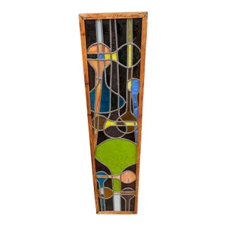 Vintage Abstract Multicolor Stained Glass Panel in Wood Frame For Sale