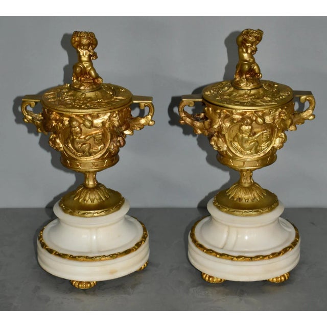 Antique French Cassolette Urns 1880s Gilt Bronze Cherub Marble Vases Lids Pair For Sale In Philadelphia - Image 6 of 12