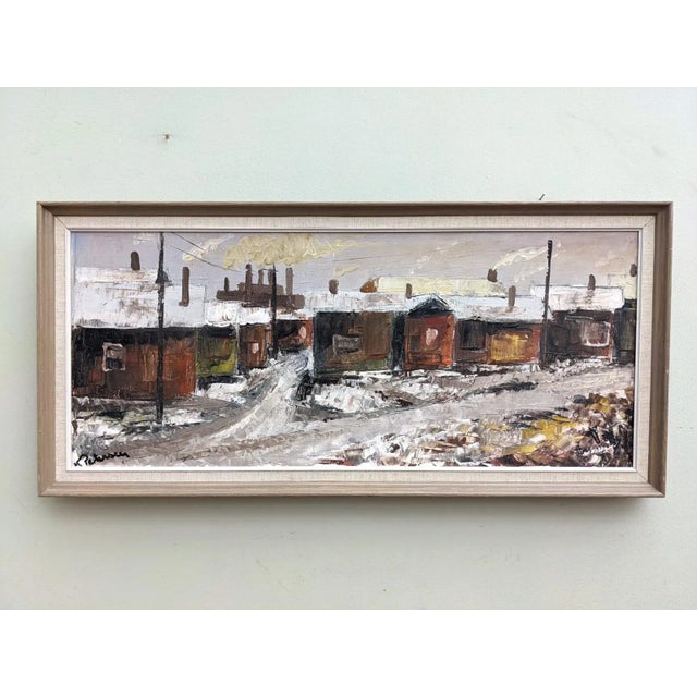 Brown Mid-Century Modern Swedish "Chimneys" Vintage Winter Street Scene Oil Painting, Framed For Sale - Image 8 of 8