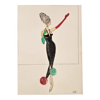 1950s Mid-Century Fun French Cabaret Costume Design Fashion Drawing, Documentation For Sale