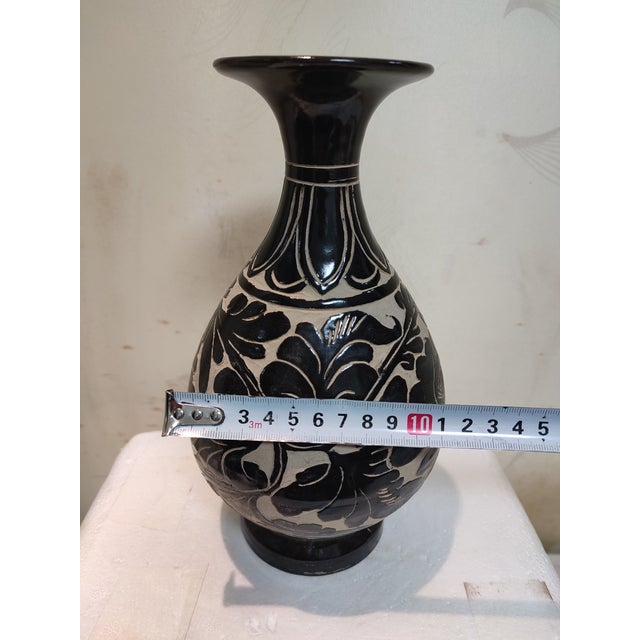 Chinese Ceramic Vase Cizhou Ware Black Glaze Porcelain Yuhuchun Vase Hand Carved Flowers Pattern For Sale - Image 10 of 11