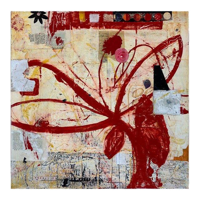 Christiane Corcelle "Red Koru" Mixed Media on Canvas, Abstract Floral Painting With Red Koru Form, 2025 For Sale