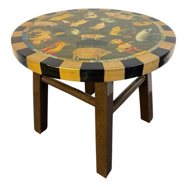 Signed Annie Modica Decoupage Pig Stool Accent Table Decor Stand Americana Maximalist For Sale