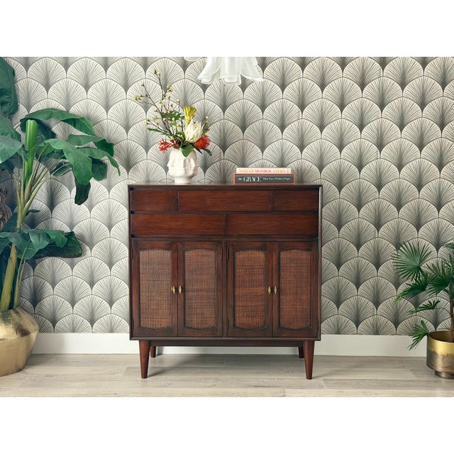 Vintage 1960s Mid-Century Modern Walnut Wood and Woven Rattan Highboy Chest Cabinet by R-Way Dimensions: 47 1/8" TALL 45...