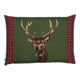 Scottish Stag Green Tartan Cushion With Tartan Sides With Feather Filler - 45x60cm (18"x24") For Sale