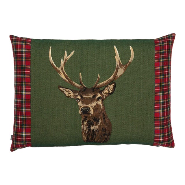 Scottish Stag Green Tartan Cushion With Tartan Sides With Feather Filler - 45x60cm (18"x24") For Sale