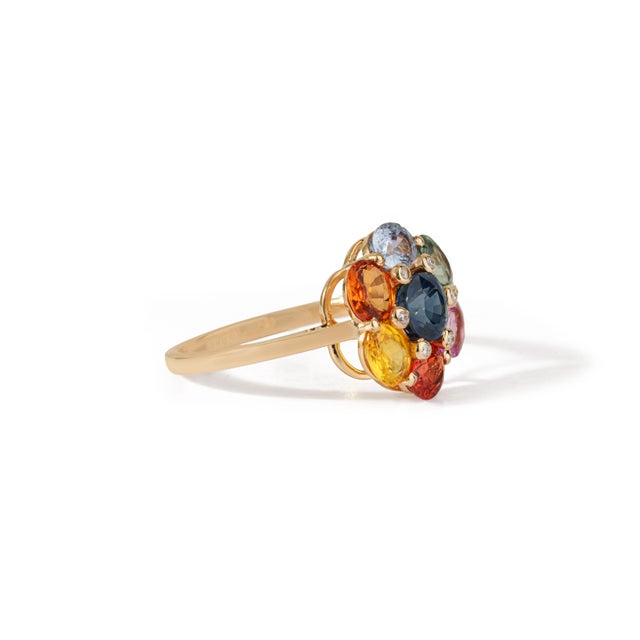 Metal 3.21 Carat Rainbow Sapphire and Diamond Floral Cluster Ring Size 4 in 14k Gold For Sale - Image 7 of 18