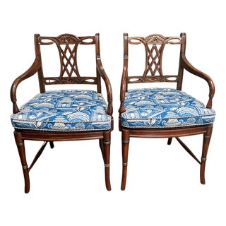 Pair of Regency Style Mahogany Armchairs With Blue and White Chinoiserie Cushions For Sale
