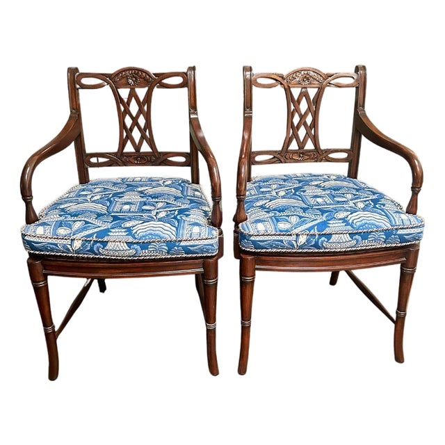 Pair of Regency Style Mahogany Armchairs With Blue and White Chinoiserie Cushions For Sale