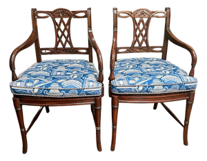 Pair of Regency Style Mahogany Armchairs With Blue and White Chinoiserie Cushions