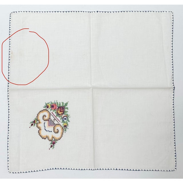 Textile Vintage Hand Embroidered Floral Cotton Dinner Napkins – Blue Stitch Trim, Cottage Style (Set of 10) For Sale - Image 7 of 12