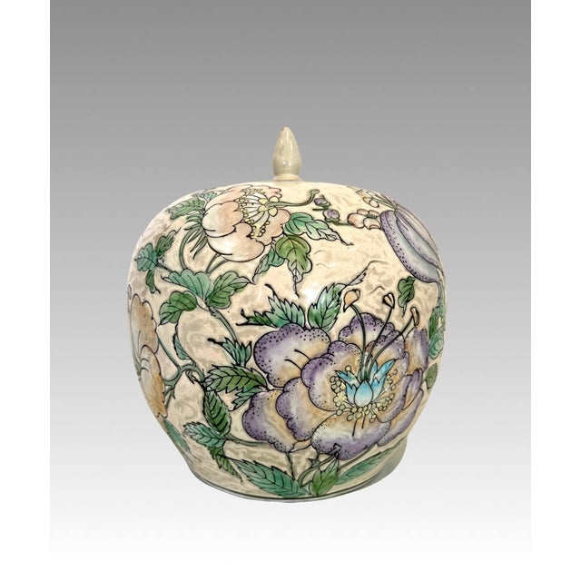 1960s Vintage 'Macau'/ Chinese Pale Apricot Porcelain Ginger Jar (Macao) With Exotic Flowers Tongzhi Style (Macanese) For Sale - Image 5 of 13