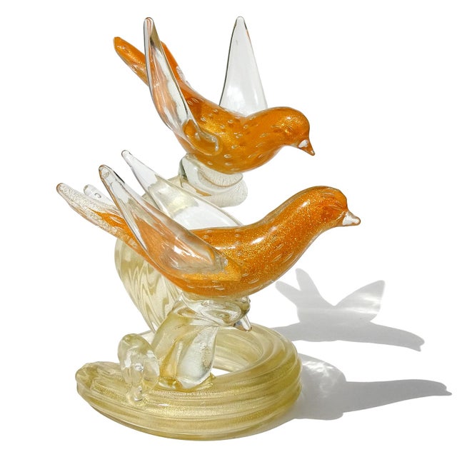 Mid-Century Modern Vintage Murano Gold Flecks Orange Bullicante Technique Italian Art Glass Birds Branch Sculpture For Sale - Image 3 of 8
