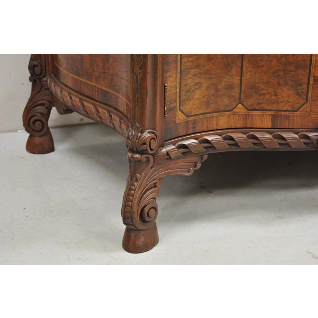 Wood Antique French Louis XV Baroque Burl Walnut Marble Top Commode 5 Drawer Dresser For Sale - Image 7 of 16