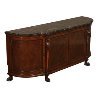 Antique Marble Top Mahogany Inlaid Figural Carved Buffet Sideboard For Sale