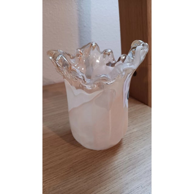 Beautiful **vintage Italian art glass bowl/vase** featuring an elegant combination of **creamy ivory and soft peach...